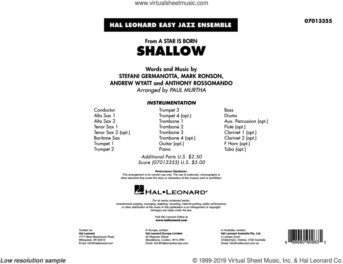 Shallow (from A Star Is Born) (arr. Paul Murtha) (COMPLETE) sheet music for jazz band by Lady Gaga, Andrew Wyatt, Anthony Rossomando, Lady Gaga & Bradley Cooper and Mark Ronson, intermediate skill level