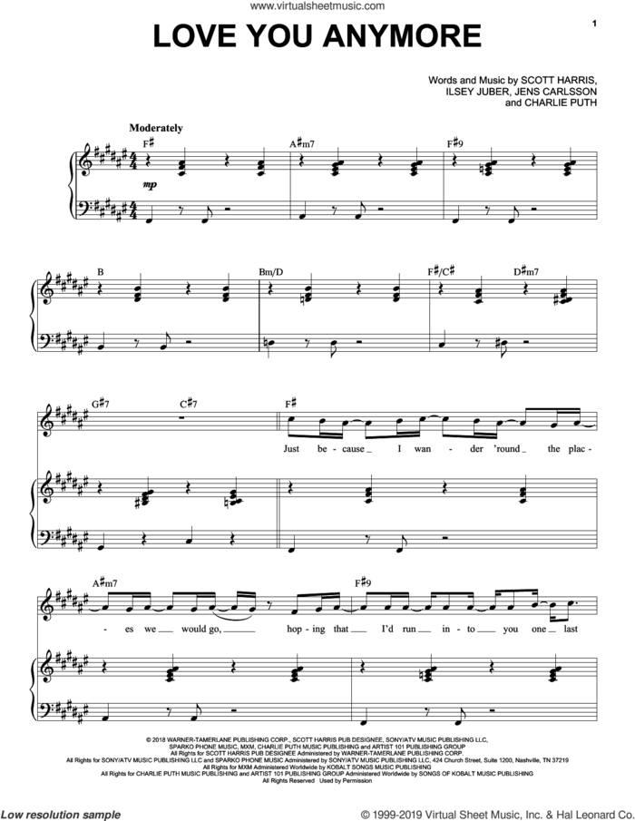 Love You Anymore sheet music for voice and piano by Michael Buble, Charlie Puth, Ilsey Juber, Jens Carlsson and Scott Harris, intermediate skill level