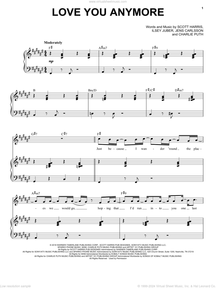 Love You Anymore sheet music for voice and piano by Michael Buble, Charlie Puth, Ilsey Juber, Jens Carlsson and Scott Harris, intermediate skill level