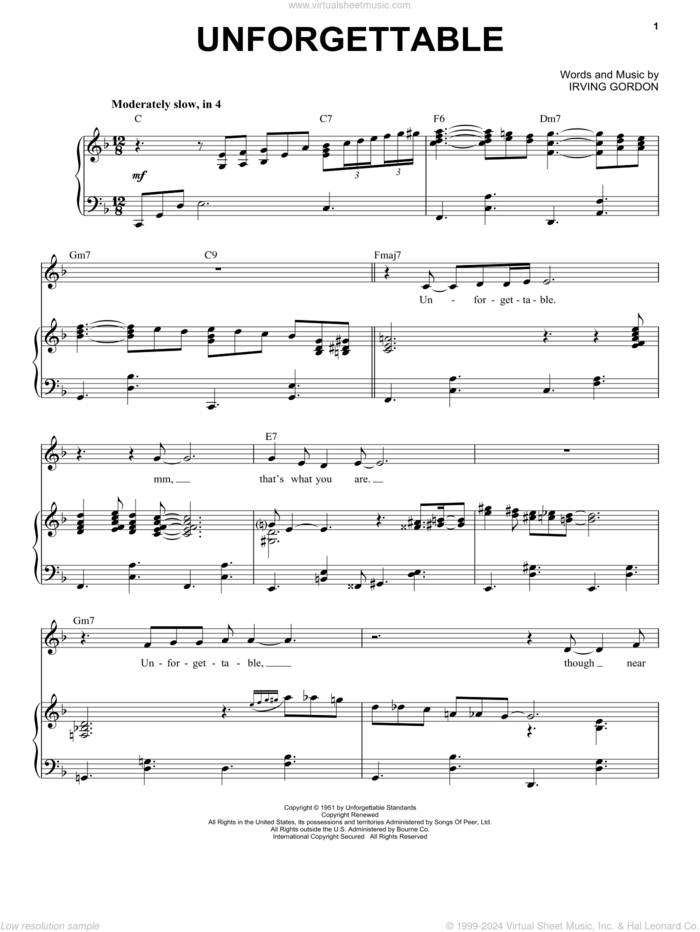 Unforgettable sheet music for voice and piano by Michael Buble and Irving Gordon, intermediate skill level