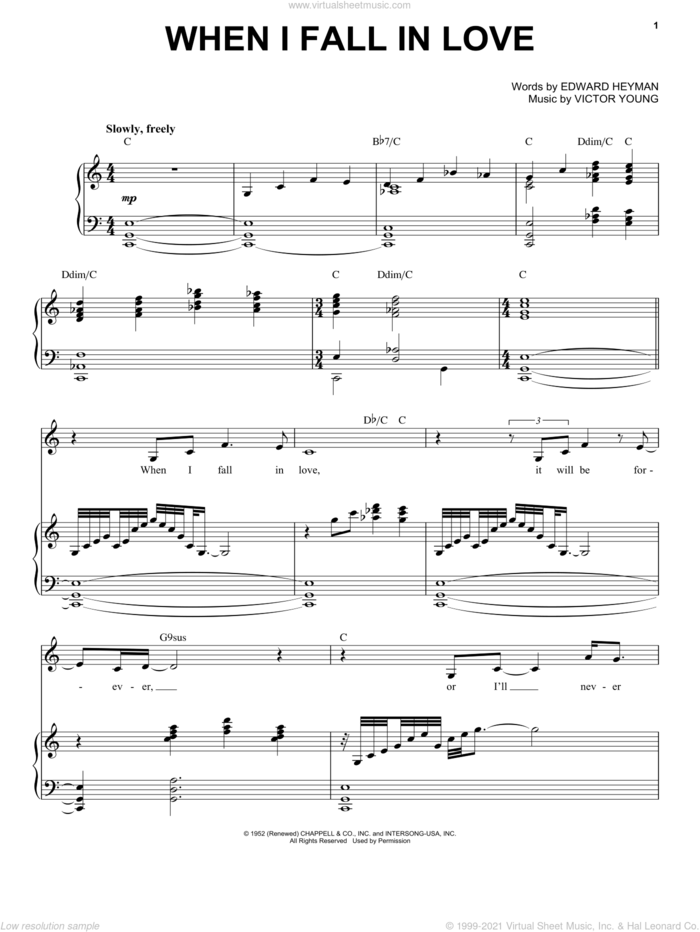 When I Fall In Love sheet music for voice and piano by Michael Buble, Edward Heyman and Victor Young, intermediate skill level