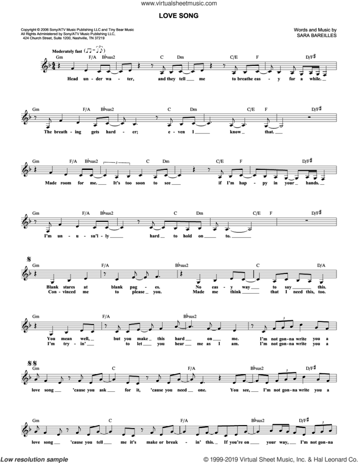 Love Song sheet music for voice and other instruments (fake book) by Sara Bareilles, intermediate skill level