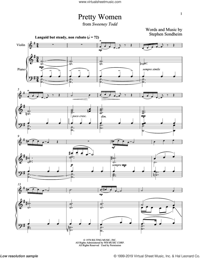 Pretty Women (from Sweeney Todd) sheet music for violin and piano by Stephen Sondheim, intermediate skill level