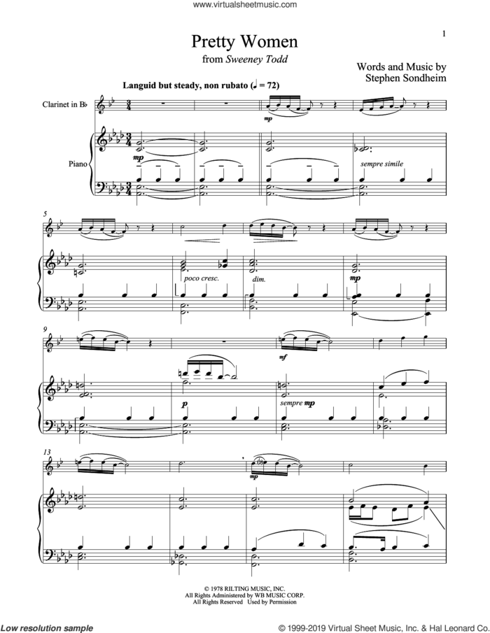 Pretty Women (from Sweeney Todd) sheet music for clarinet and piano by Stephen Sondheim, intermediate skill level
