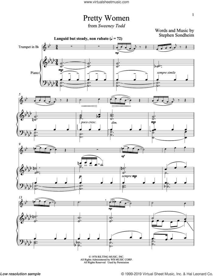Pretty Women (from Sweeney Todd) sheet music for trumpet and piano by Stephen Sondheim, intermediate skill level