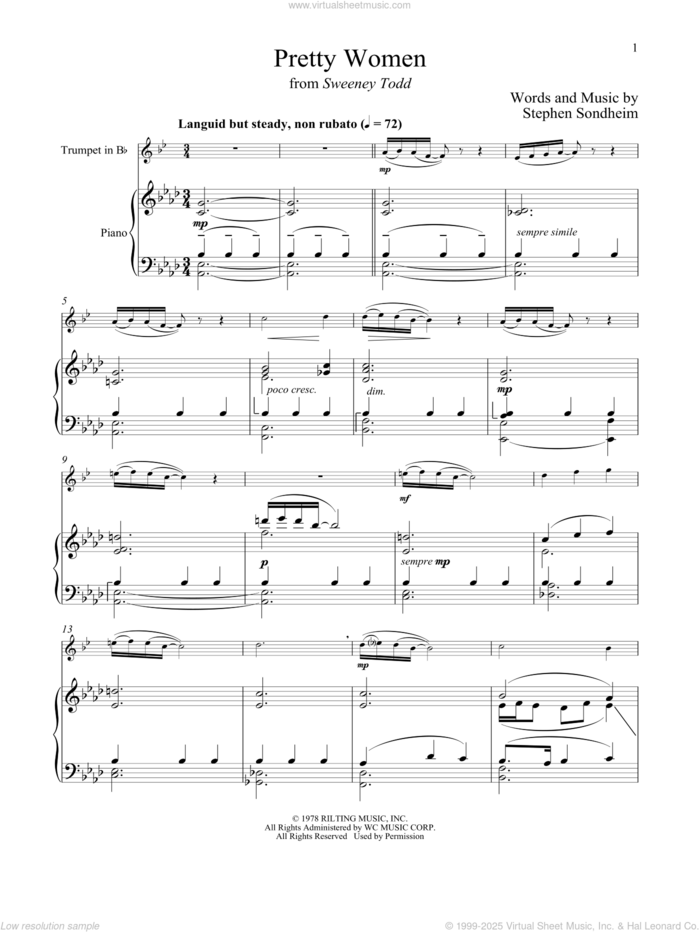 Pretty Women (from Sweeney Todd) sheet music for trumpet and piano by Stephen Sondheim, intermediate skill level