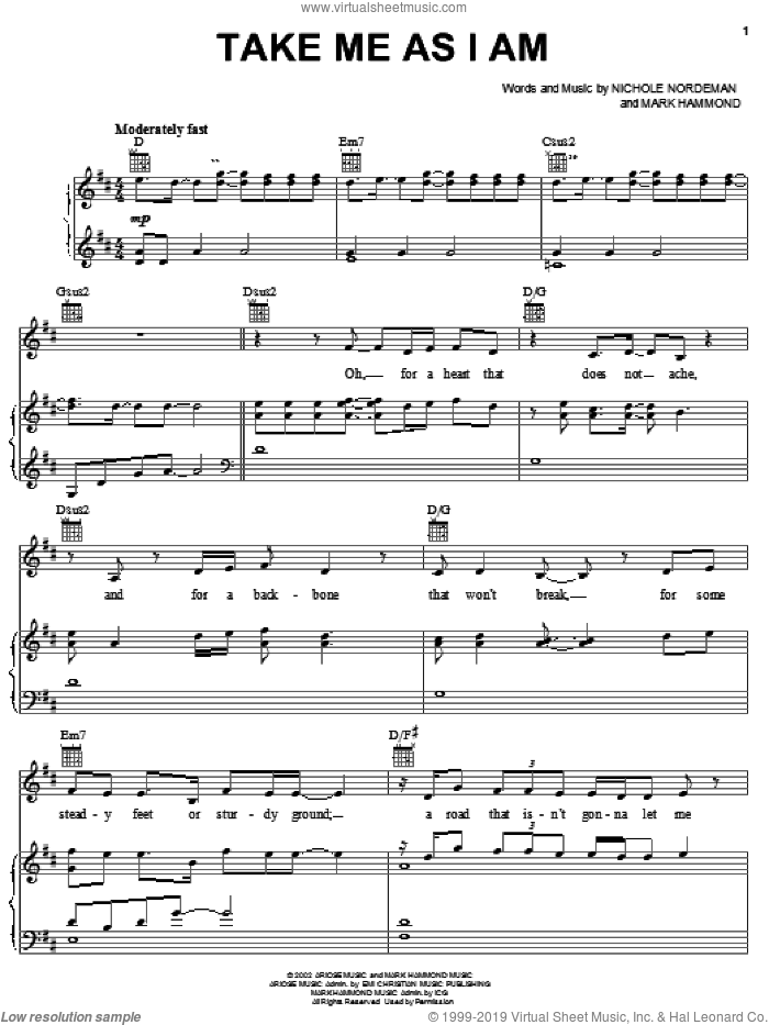 Take Me As I Am sheet music for voice, piano or guitar by Nichole Nordeman and Mark Hammond, intermediate skill level