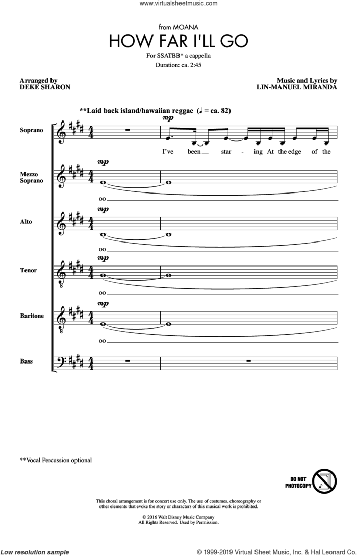 How Far I'll Go (from Moana) (arr. Deke Sharon) sheet music for choir (SSATBB) by Lin-Manuel Miranda, Deke Sharon and Alessia Cara, intermediate skill level
