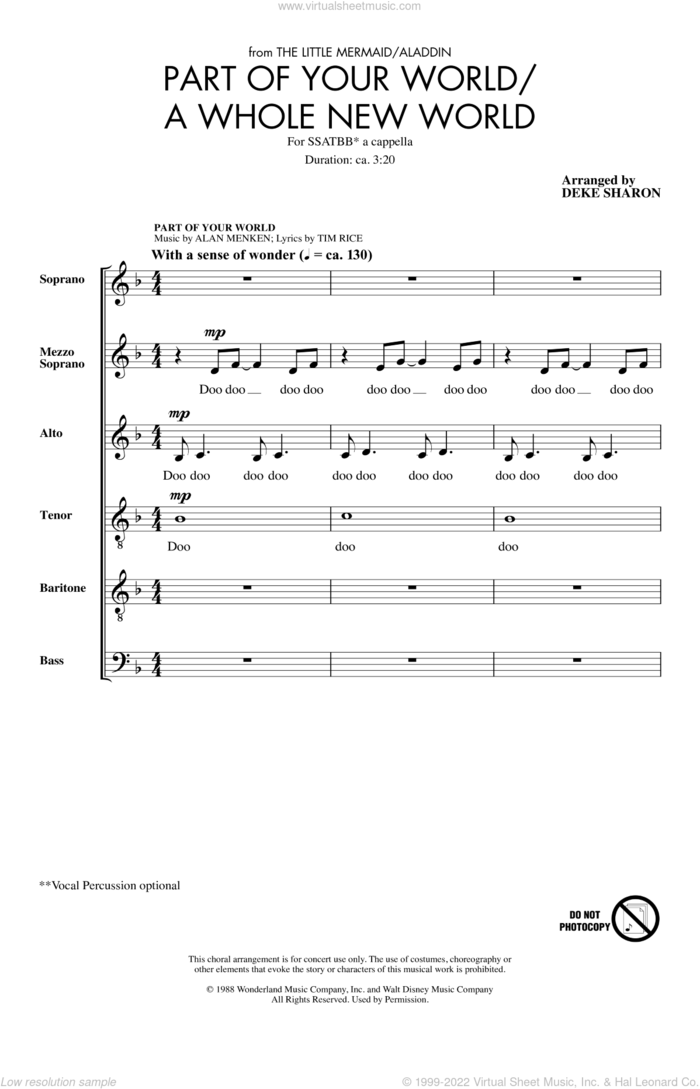 Part Of Your World/A Whole New World (from The Little Mermaid/Aladdin) (arr. Deke Sharon) sheet music for choir (SATB: soprano, alto, tenor, bass) by Alan Menken, Howard Ashman and Tim Rice, intermediate skill level