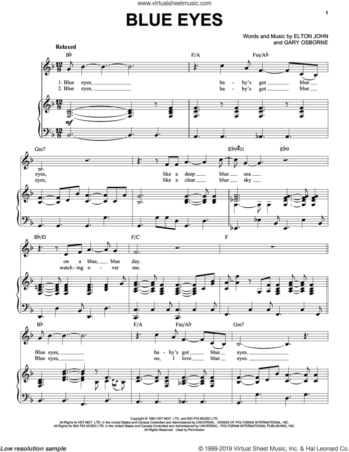 Blue Eyes sheet music for voice and piano by Elton John and Gary Osborne, intermediate skill level