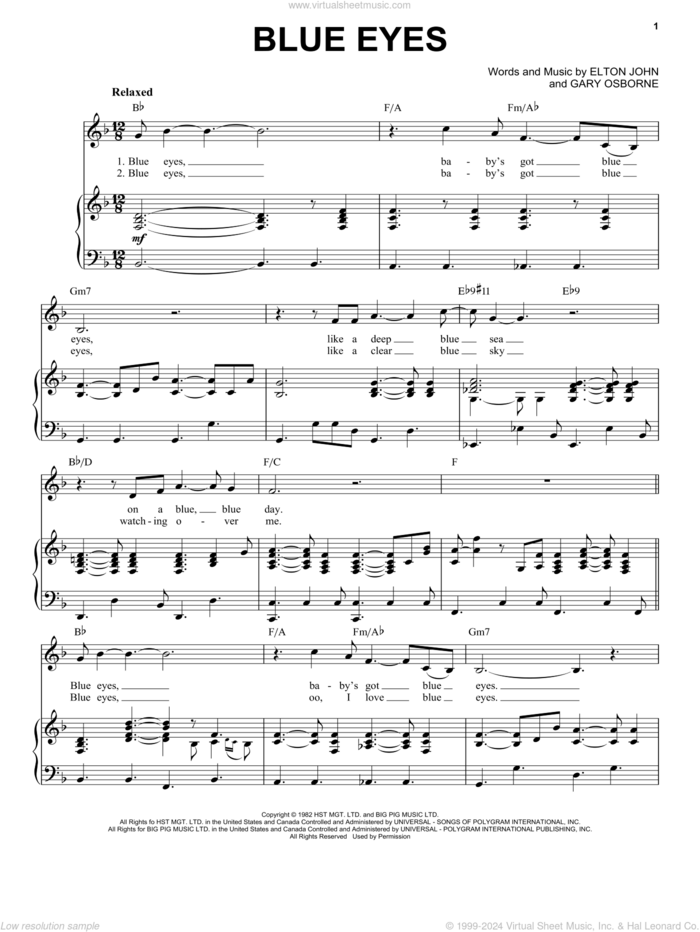 Blue Eyes sheet music for voice and piano by Elton John and Gary Osborne, intermediate skill level