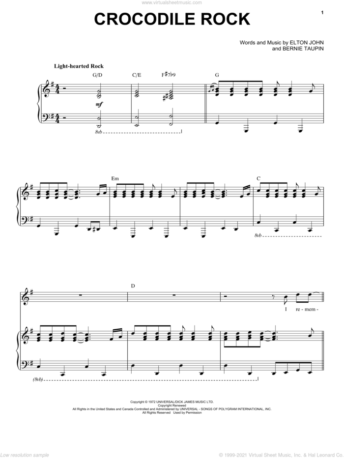 Crocodile Rock sheet music for voice and piano by Elton John and Bernie Taupin, intermediate skill level