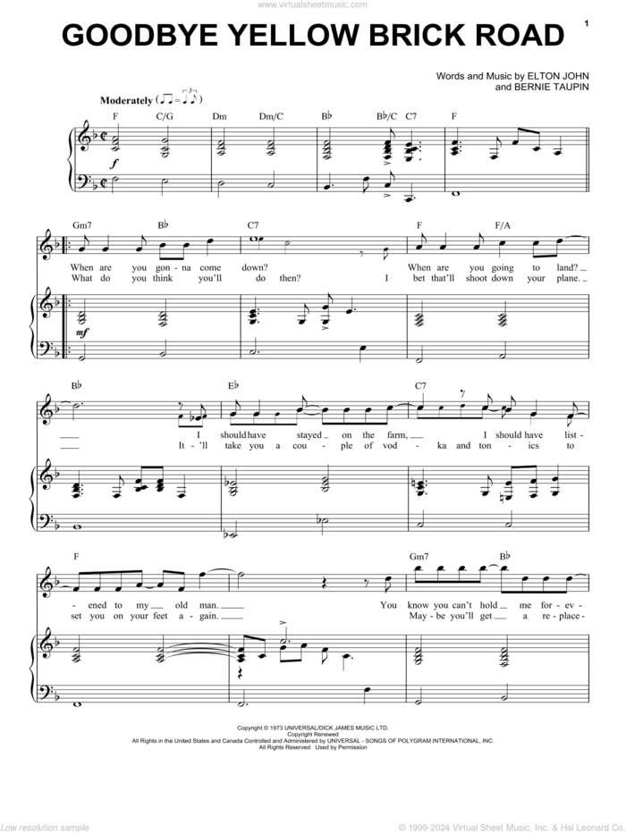 Goodbye Yellow Brick Road sheet music for voice and piano by Elton John and Bernie Taupin, intermediate skill level