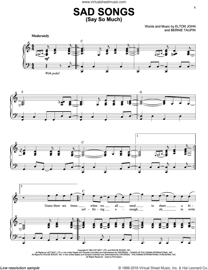 Sad Songs (Say So Much) sheet music for voice and piano by Elton John and Bernie Taupin, intermediate skill level