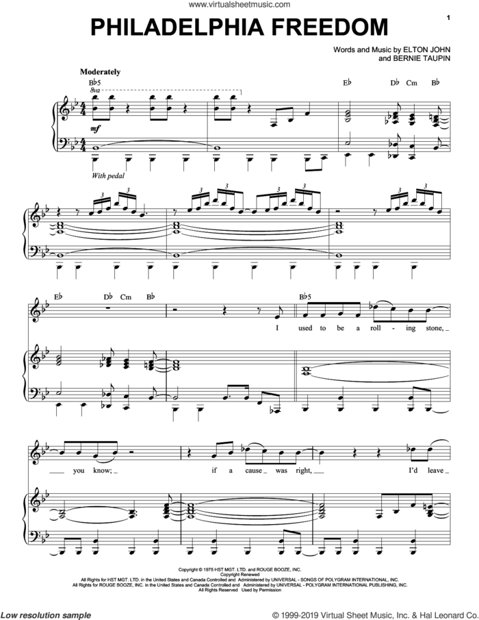 Philadelphia Freedom sheet music for voice and piano by Elton John and Bernie Taupin, intermediate skill level