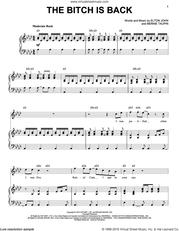 The Bitch Is Back sheet music for voice and piano by Elton John and Bernie Taupin, intermediate skill level