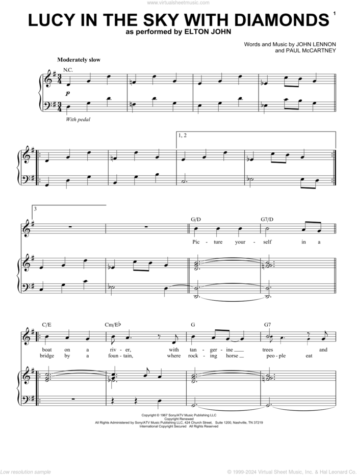 Lucy In The Sky With Diamonds sheet music for voice and piano by Elton John, The Beatles, John Lennon and Paul McCartney, intermediate skill level