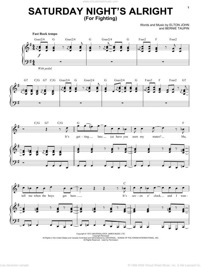 Saturday Night's Alright (For Fighting) sheet music for voice and piano by Elton John and Bernie Taupin, intermediate skill level