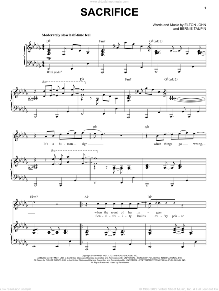 Sacrifice sheet music for voice and piano by Elton John and Bernie Taupin, intermediate skill level