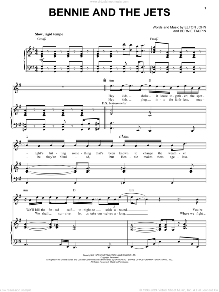 Bennie And The Jets sheet music for voice and piano by Elton John and Bernie Taupin, intermediate skill level