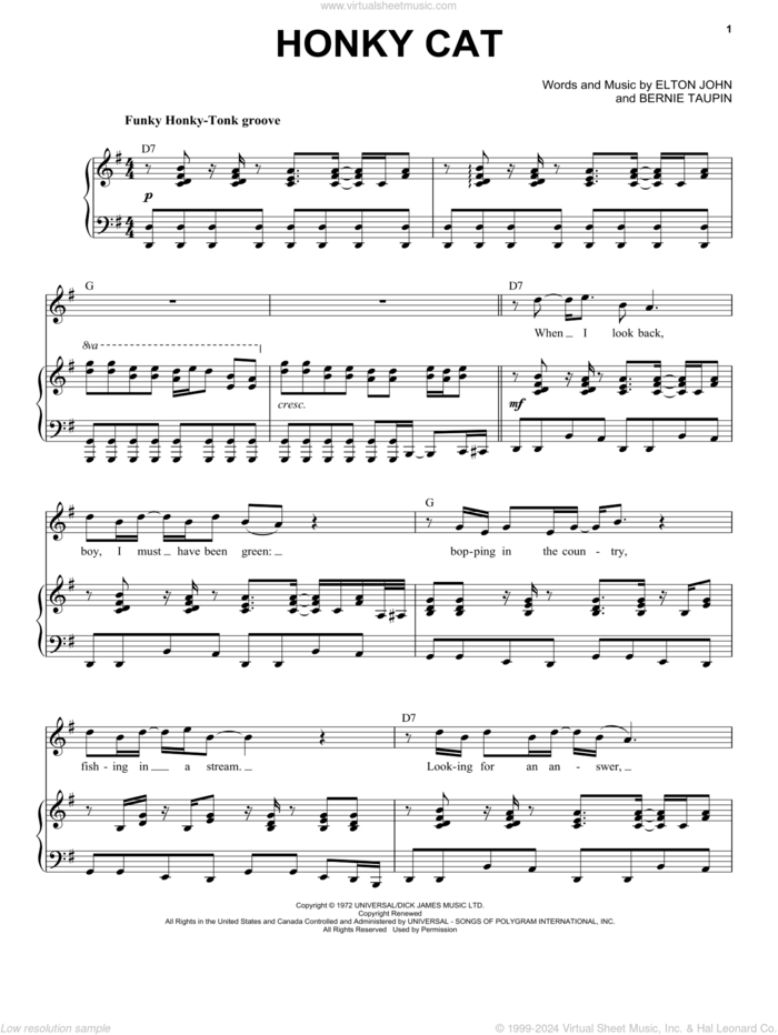 Honky Cat sheet music for voice and piano by Elton John and Bernie Taupin, intermediate skill level