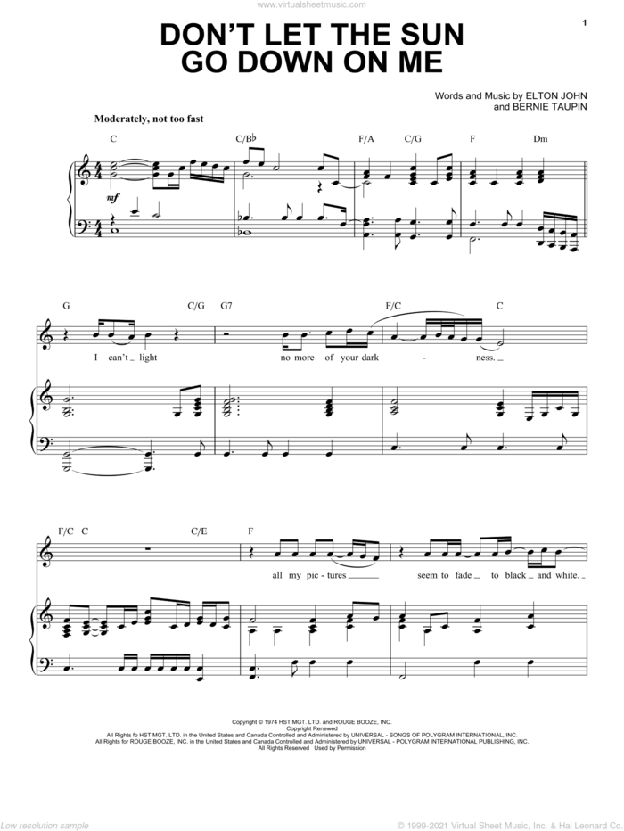 Don't Let The Sun Go Down On Me sheet music for voice and piano by Elton John & George Michael and Bernie Taupin, intermediate skill level