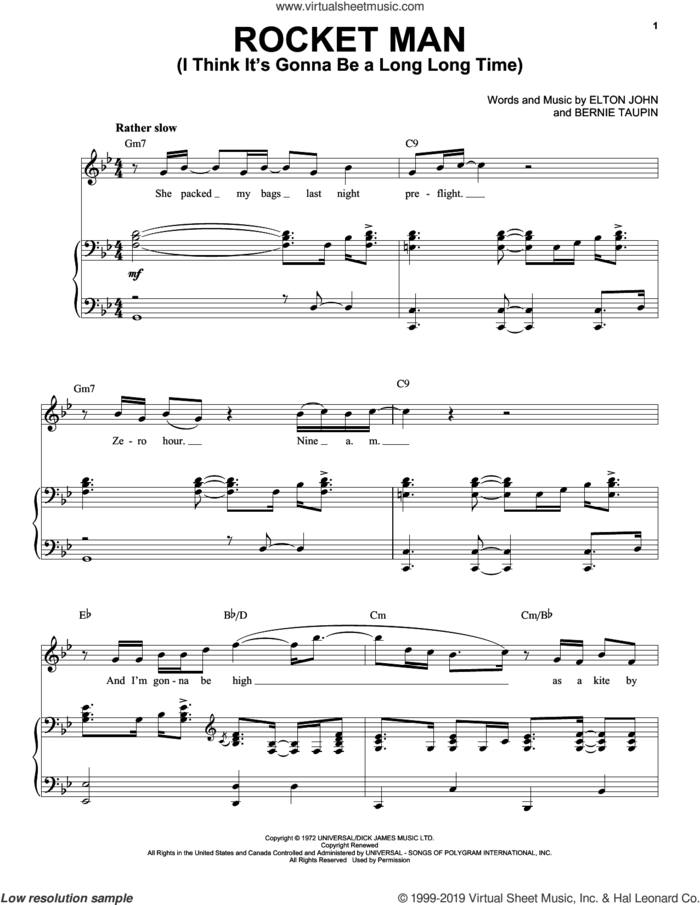 Rocket Man (I Think It's Gonna Be A Long Long Time) sheet music for voice and piano by Elton John and Bernie Taupin, intermediate skill level