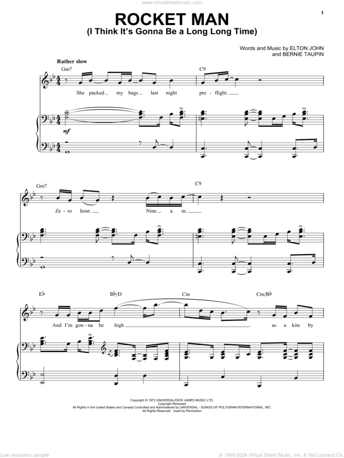 Rocket Man (I Think It's Gonna Be A Long Long Time) sheet music for voice and piano by Elton John and Bernie Taupin, intermediate skill level