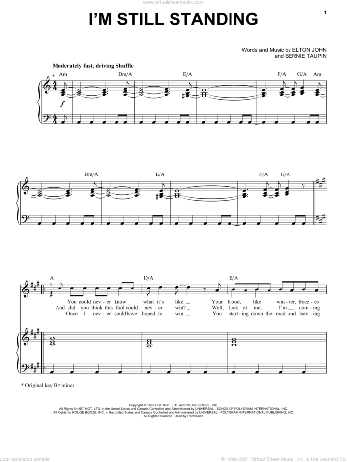 I'm Still Standing sheet music for voice and piano by Elton John and Bernie Taupin, intermediate skill level