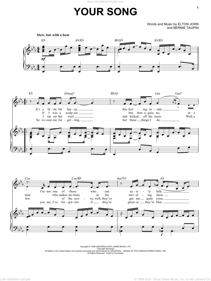 Your Song sheet music for voice and piano by Elton John and Bernie Taupin, intermediate skill level