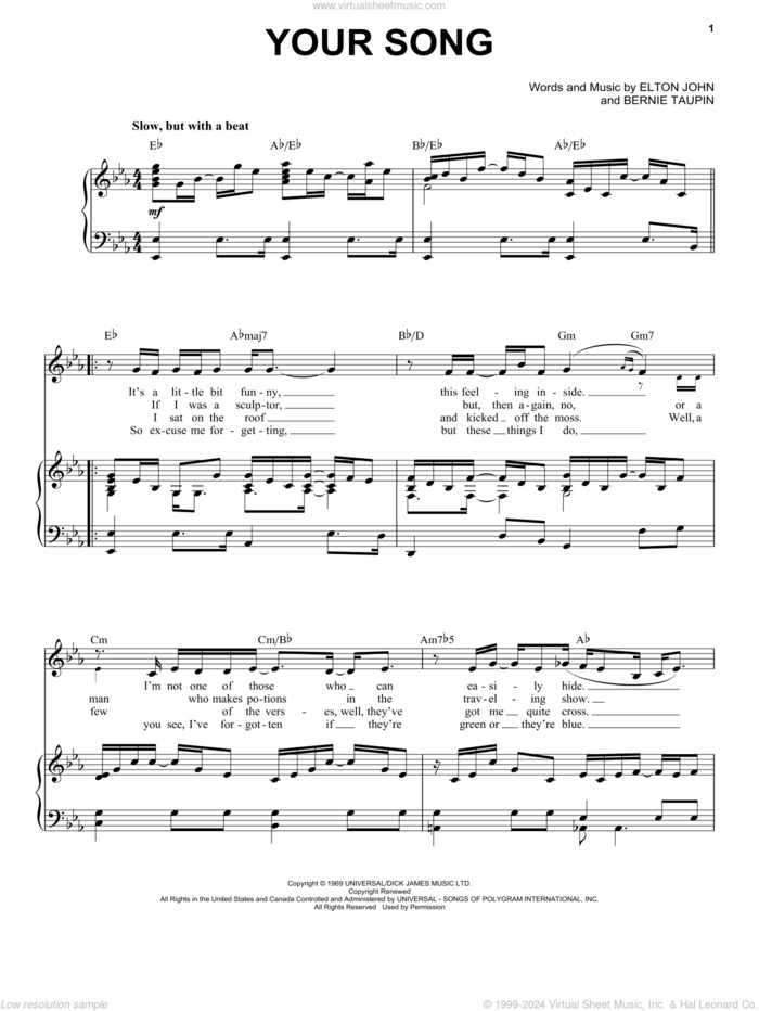 Your Song sheet music for voice and piano by Elton John and Bernie Taupin, intermediate skill level