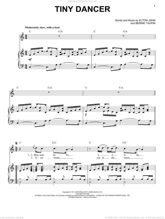 Tiny Dancer sheet music for voice and piano by Elton John and Bernie Taupin, intermediate skill level