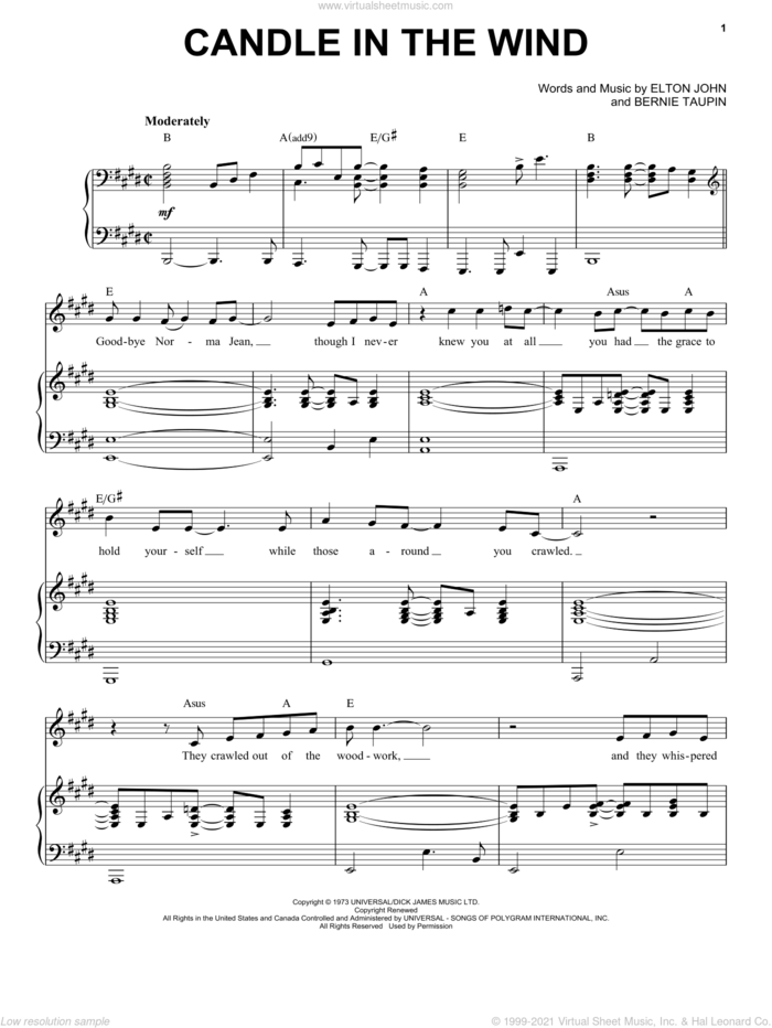 Candle In The Wind sheet music for voice and piano by Elton John and Bernie Taupin, intermediate skill level