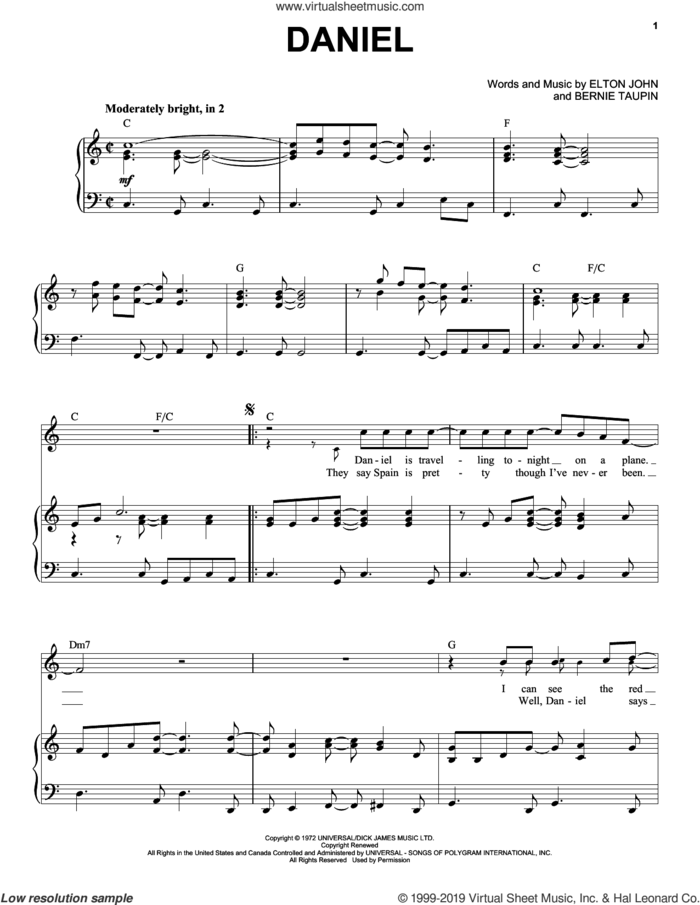 Daniel sheet music for voice and piano by Elton John and Bernie Taupin, intermediate skill level