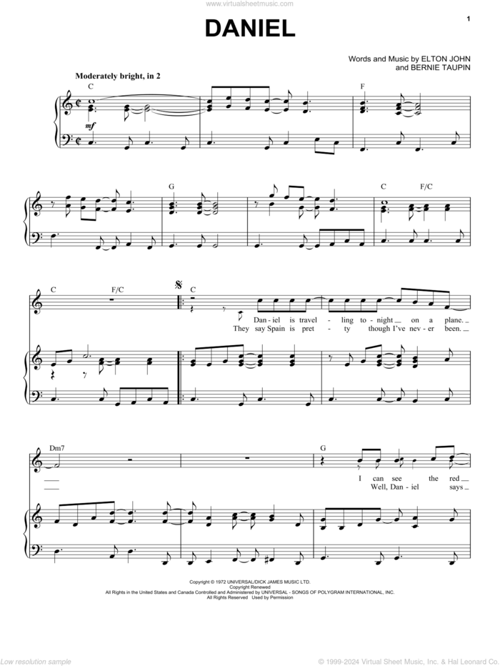 Daniel sheet music for voice and piano by Elton John and Bernie Taupin, intermediate skill level