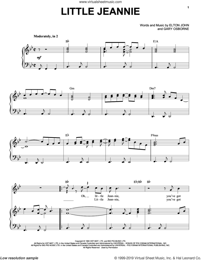 Little Jeannie sheet music for voice and piano by Elton John and Gary Osborne, intermediate skill level