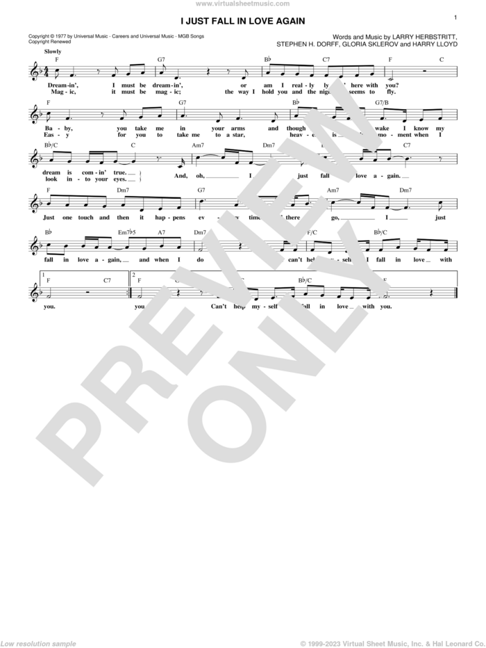 I Just Fall In Love Again sheet music for voice and other instruments (fake book) by Carpenters, Anne Murray, Gloria Sklerov, Harry Lloyd, Larry Herbstritt and Steve Dorff, intermediate skill level