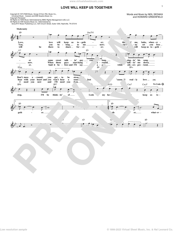 Love Will Keep Us Together sheet music for voice and other instruments (fake book) by The Captain & Tennille, Captain & Tennille, Howard Greenfield and Neil Sedaka, wedding score, intermediate skill level