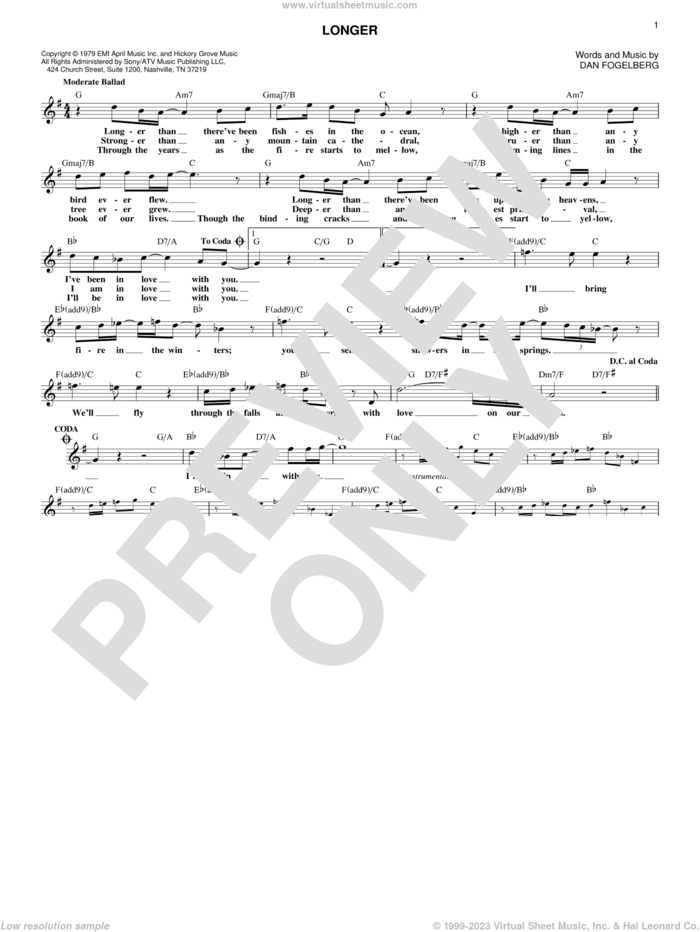 Longer sheet music for voice and other instruments (fake book) by Dan Fogelberg, wedding score, intermediate skill level