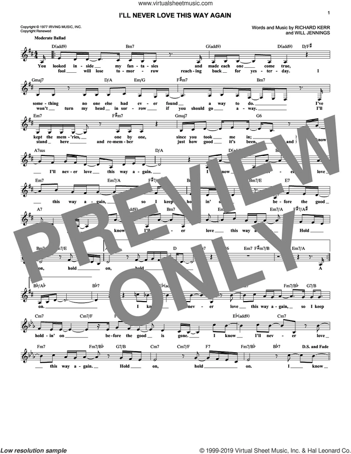 I'll Never Love This Way Again sheet music for voice and other instruments (fake book) by Dionne Warwick, Richard Kerr and Will Jennings, intermediate skill level