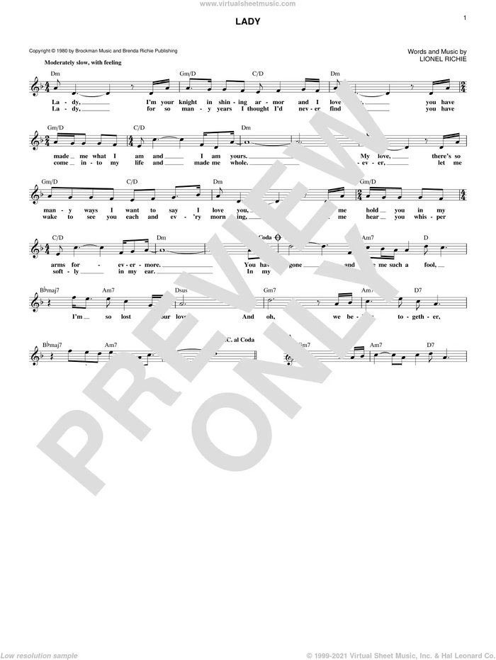 Lady sheet music for voice and other instruments (fake book) by Kenny Rogers and Lionel Richie, wedding score, intermediate skill level