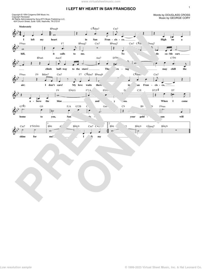 I Left My Heart In San Francisco sheet music for voice and other instruments (fake book) by Tony Bennett, Douglass Cross and George Cory, intermediate skill level