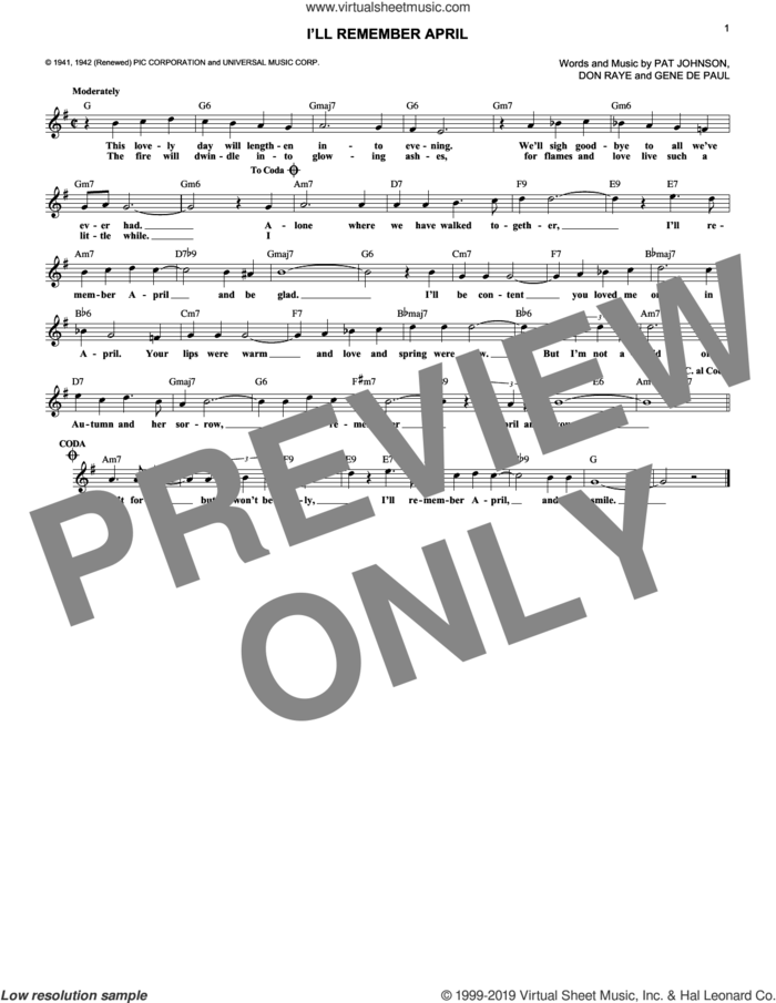I'll Remember April sheet music for voice and other instruments (fake book) by Woody Herman & His Orchestra, Don Raye, Gene DePaul and Pat Johnston, wedding score, intermediate skill level