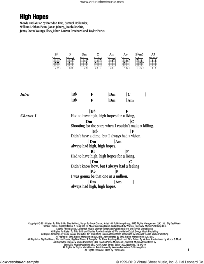High Hopes sheet music for guitar (chords) by Panic! At The Disco, Brendon Urie, Ilsey Juber, Jacob Sinclair, Jenny Owen Youngs, Jonas Jeberg, Lauren Pritchard, Sam Hollander, Taylor Parks and William Lobban Bean, intermediate skill level