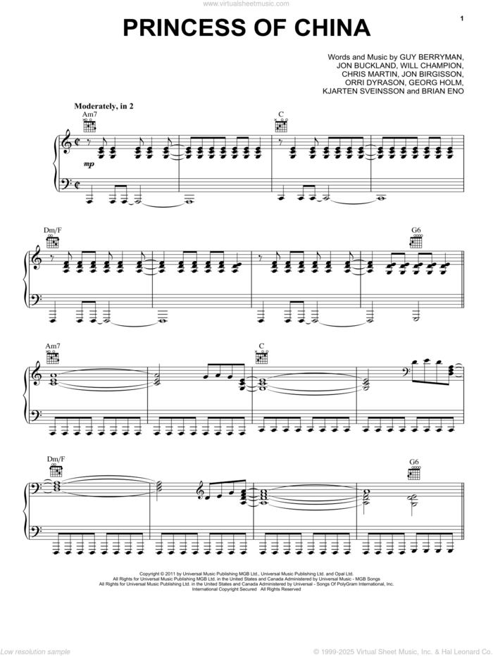 Princess Of China sheet music for voice, piano or guitar by Coldplay & Rihanna, Coldplay, Brian Eno, Chris Martin, Georg Holm, Guy Berryman, Jon Birgisson, Jon Buckland, Kjarten Sveinsson, Orri DArason, Orri Dyrason and Will Champion, intermediate skill level