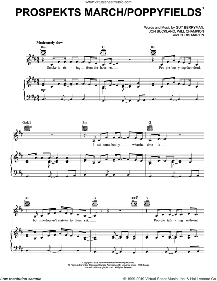 Prospekts March/Poppyfields sheet music for voice, piano or guitar by Guy Berryman, Coldplay, Chris Martin, Jon Buckland and Will Champion, intermediate skill level