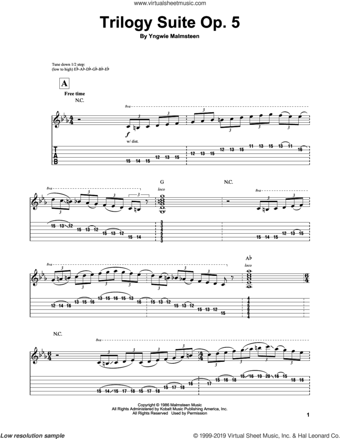 Trilogy Suite Op. 5 sheet music for guitar (tablature, play-along) by Yngwie Malmsteen, intermediate skill level