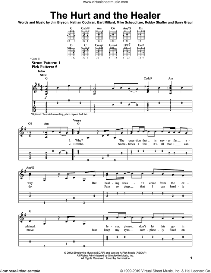 The Hurt And The Healer sheet music for guitar solo (easy tablature) by MercyMe, Barry Graul, Bart Millard, Jim Bryson, Mike Scheuchzer, Nathan Cochran and Robby Shaffer, easy guitar (easy tablature)