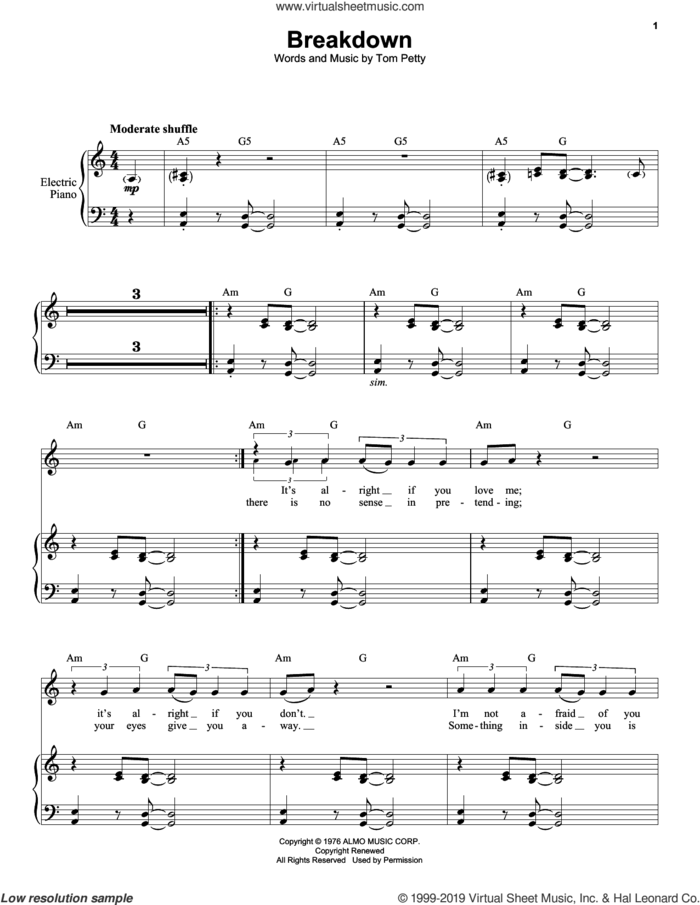 Breakdown sheet music for keyboard or piano by Tom Petty And The Heartbreakers and Tom Petty, intermediate skill level