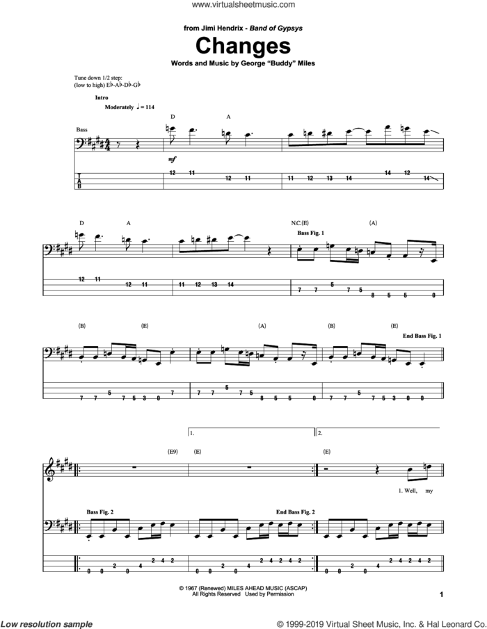 Changes sheet music for bass (tablature) (bass guitar) by Jimi Hendrix and George 'Buddy' Miles, intermediate skill level
